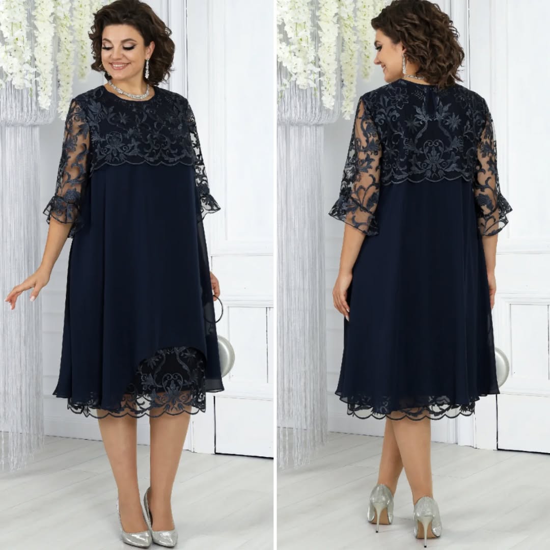 Célène — Embroidered Chiffon Patchwork Round-Neck Maxi Dress