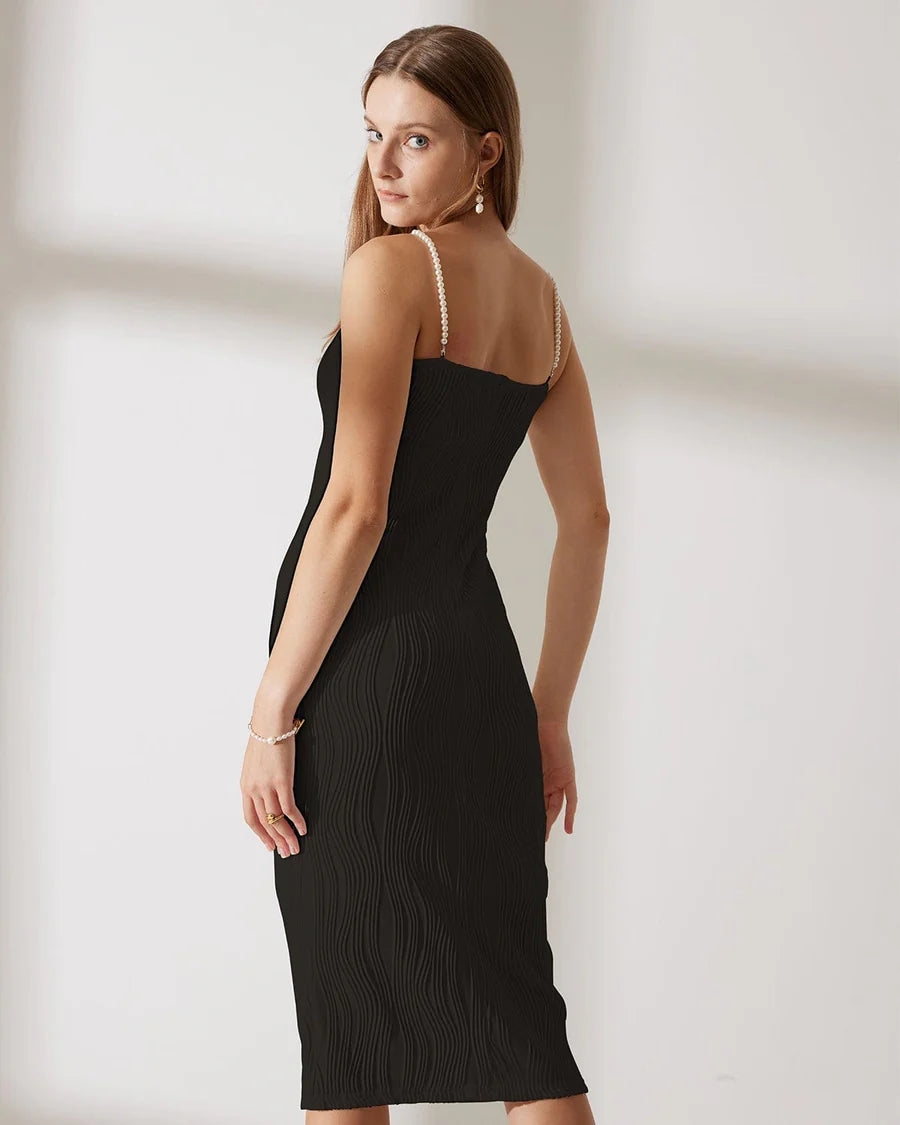 Mireille - Ripple Texture Pearl Strap Midi Dress