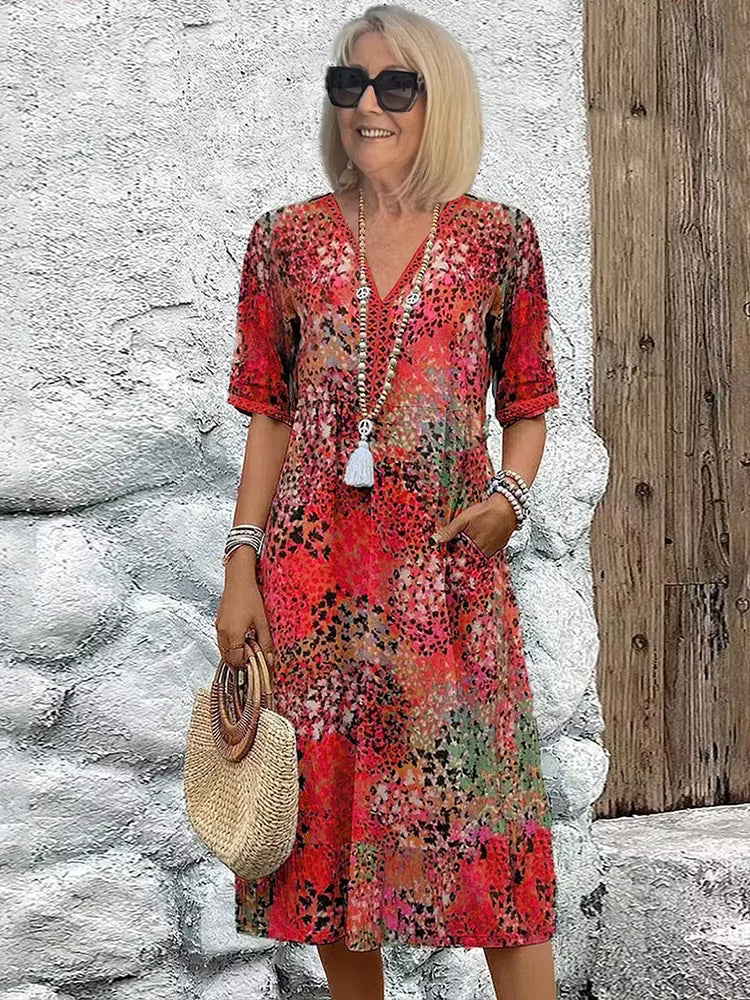 Luna — Vibrant Print V-Neck Flowing Midi Dress