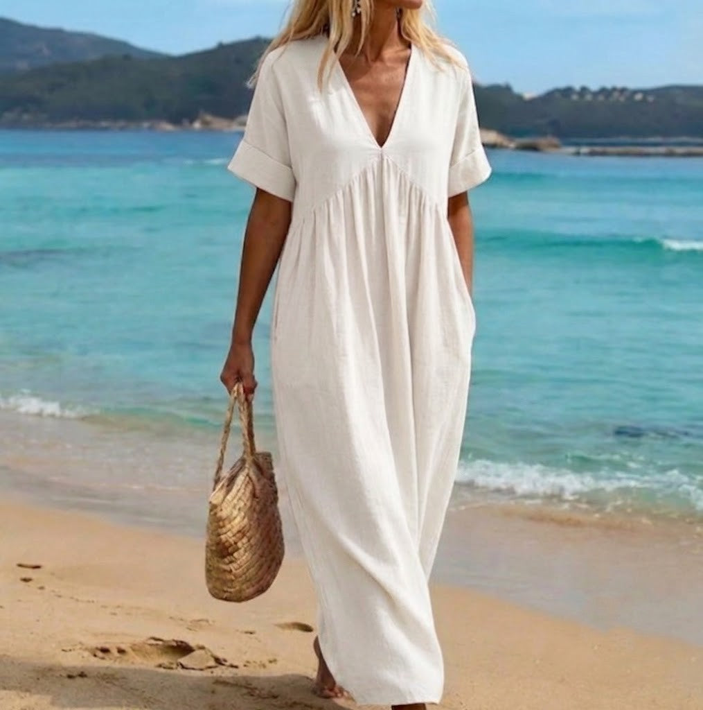 Viviana — V-Neck Linen-Cotton Maxi Dress