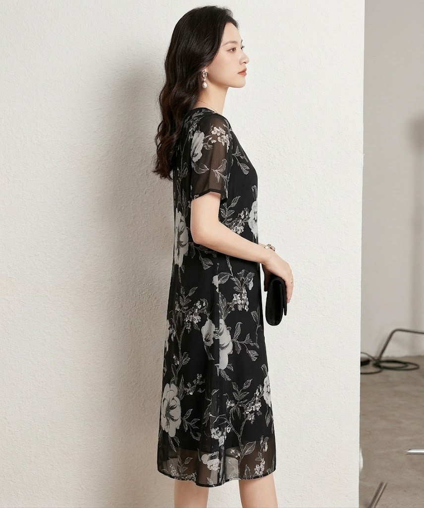 Florè — Chiffon Sheer Overlay Midi Dress