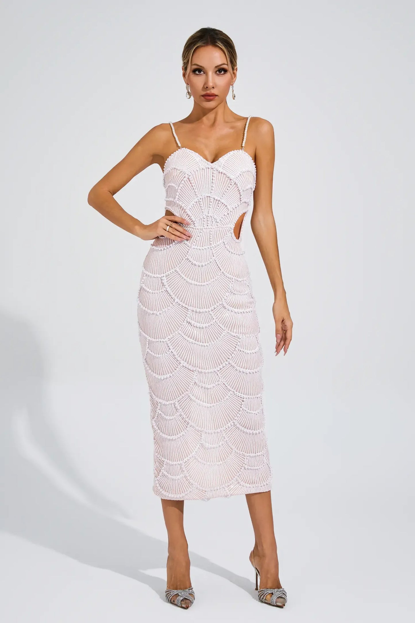 Pearl-Embellished Beige Midi Dress
