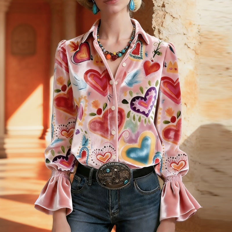 ZARELIA - Comfortable Heart Print Blouse