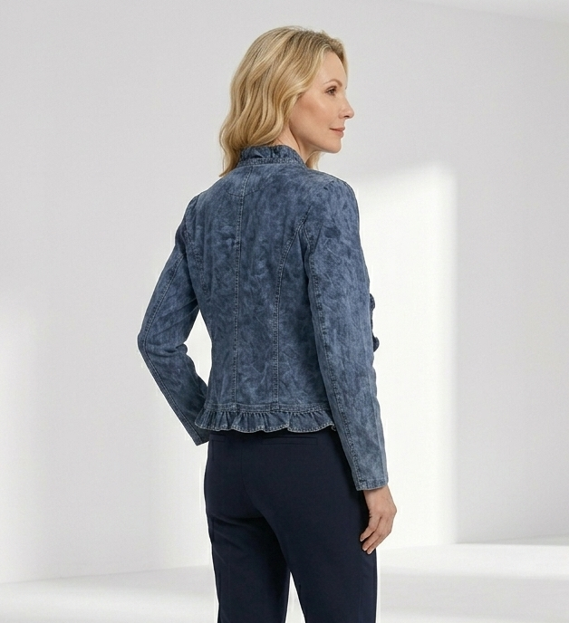 Denelise — Women's Ruffle-Trim Open-Front Denim Jacket