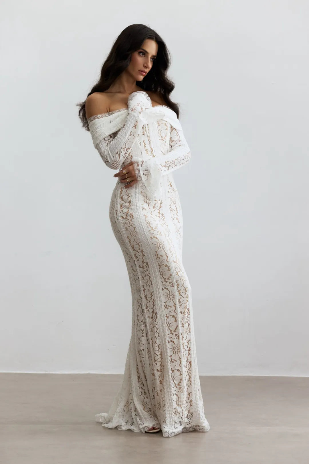 Emily - Off-Shoulder Lace Fishtail Maxi Dress