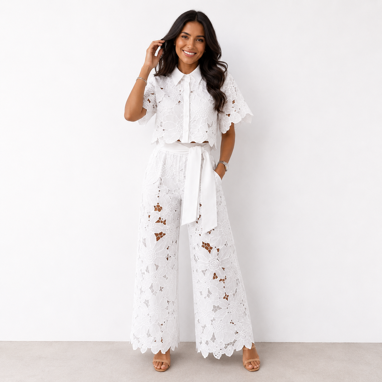 Isabela — Lace-Embroidered Blouse & Pants Set