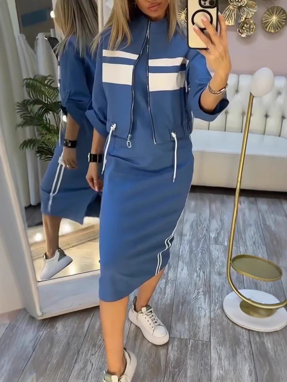 Women's Jacket and Dress Set with High Collar