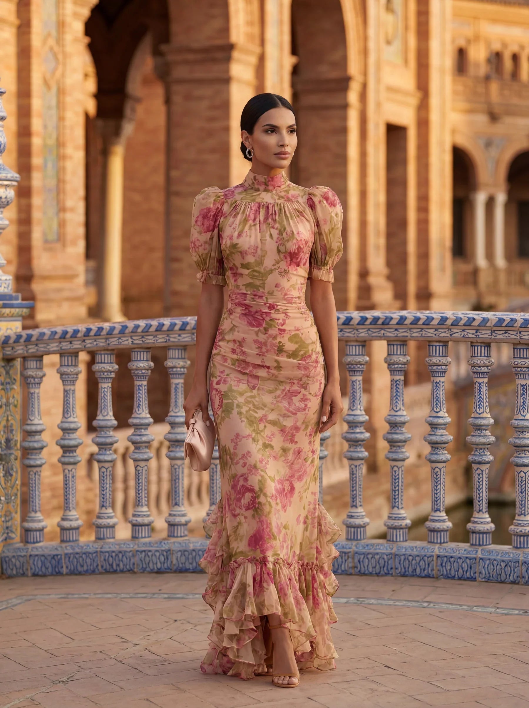 rosario maxi dress — Floral Chiffon with Puff Sleeves Boho Chic Plus Size size:45 VENDOR COLOR-IBIZA order item requires at