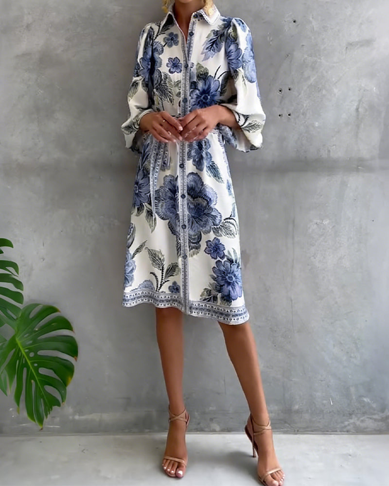 Fleurette — Printed Lantern-Sleeve Split-Collar Dress