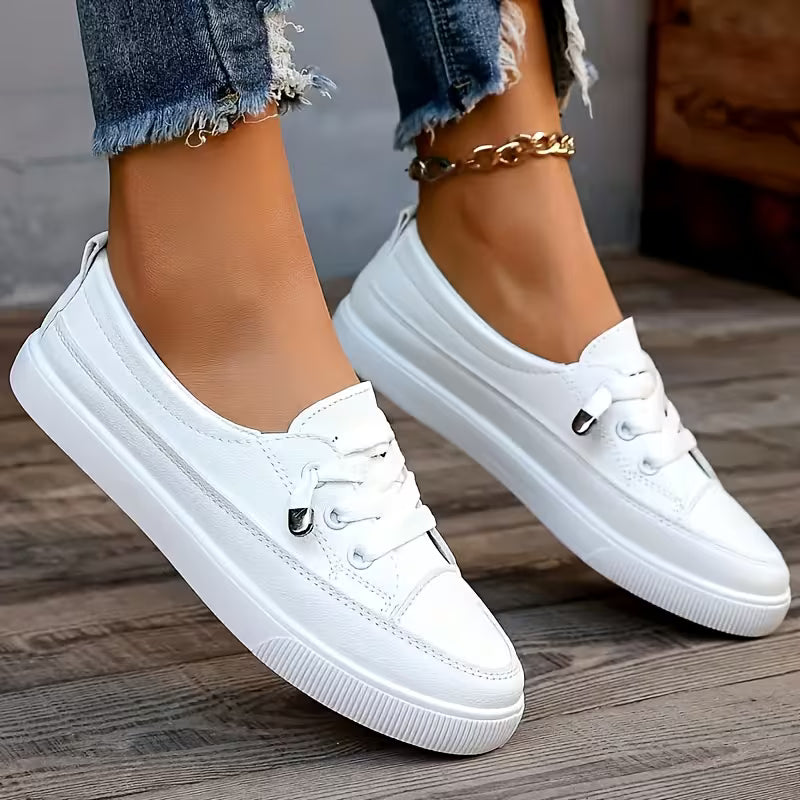 Azzy - Comfortable Women's White Lace-Up Flat Shoes