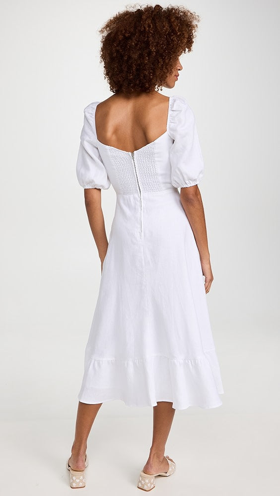 Linnae — Puff Sleeve Linen Midi Slit Dress