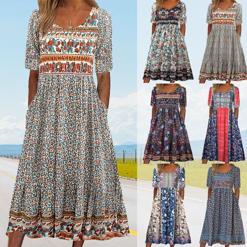 Bohème — Printed Cotton Short-Sleeve Midi Dress