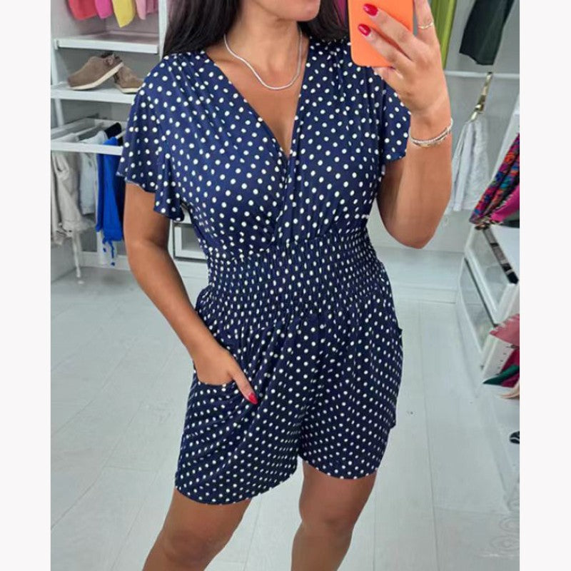 Valoura — Polka Dot V-Neck Cotton Stretch Jumpsuit