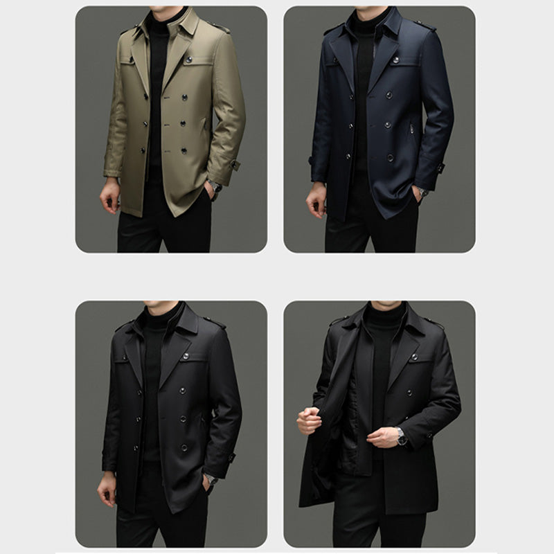 Men's Long Trench Coat - Removable Lining, Windproof and Water-Repellent