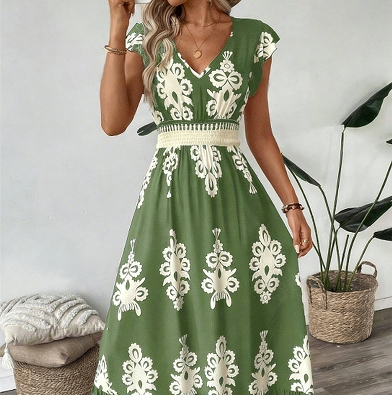 Pola — Baroque Print V-Neck Flowing Maxi Dress