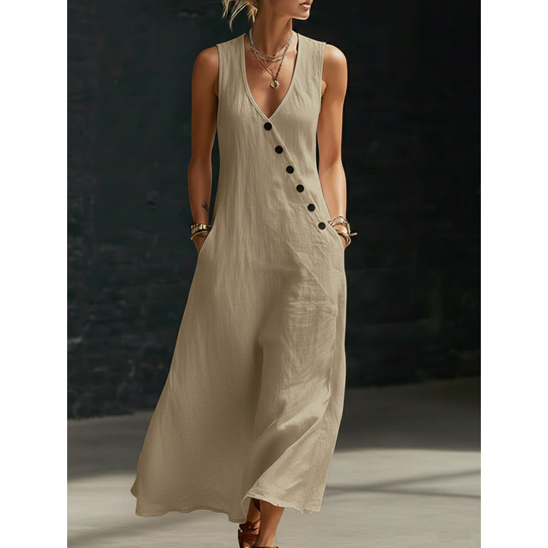 Folène — Linen-Cotton V-Neck Maxi Dress