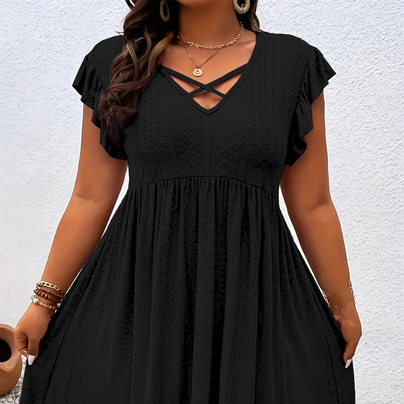 Adorine — V-Neck Ruffle-Trim Waisted Dress