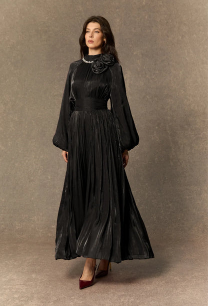 Anastasia - Pearl Collar Rosette Pleated Maxi Dress