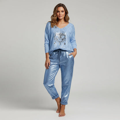 Stylish Set of Top with Gold Foil "Devil's Eye" and Sequin Trousers