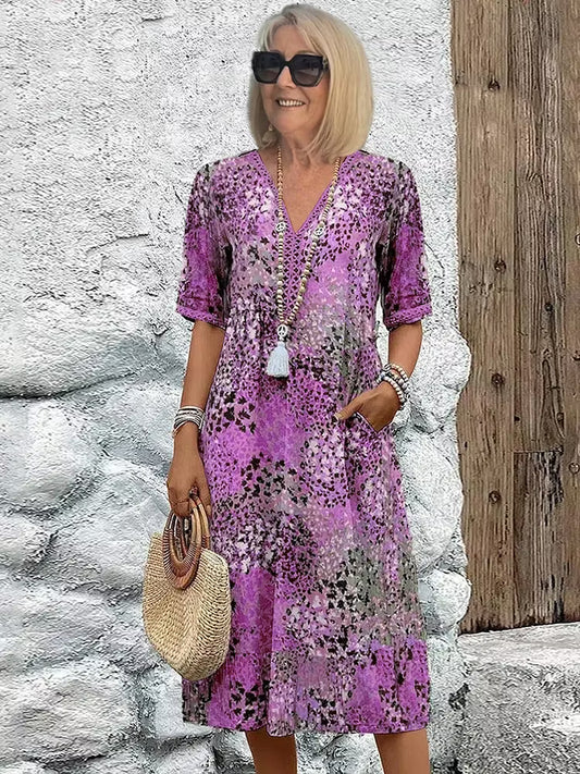 Luna — Vibrant Print V-Neck Flowing Midi Dress