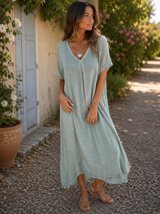 Sharmaine — V-Neck Cotton-Linen Loose-Fit Dress