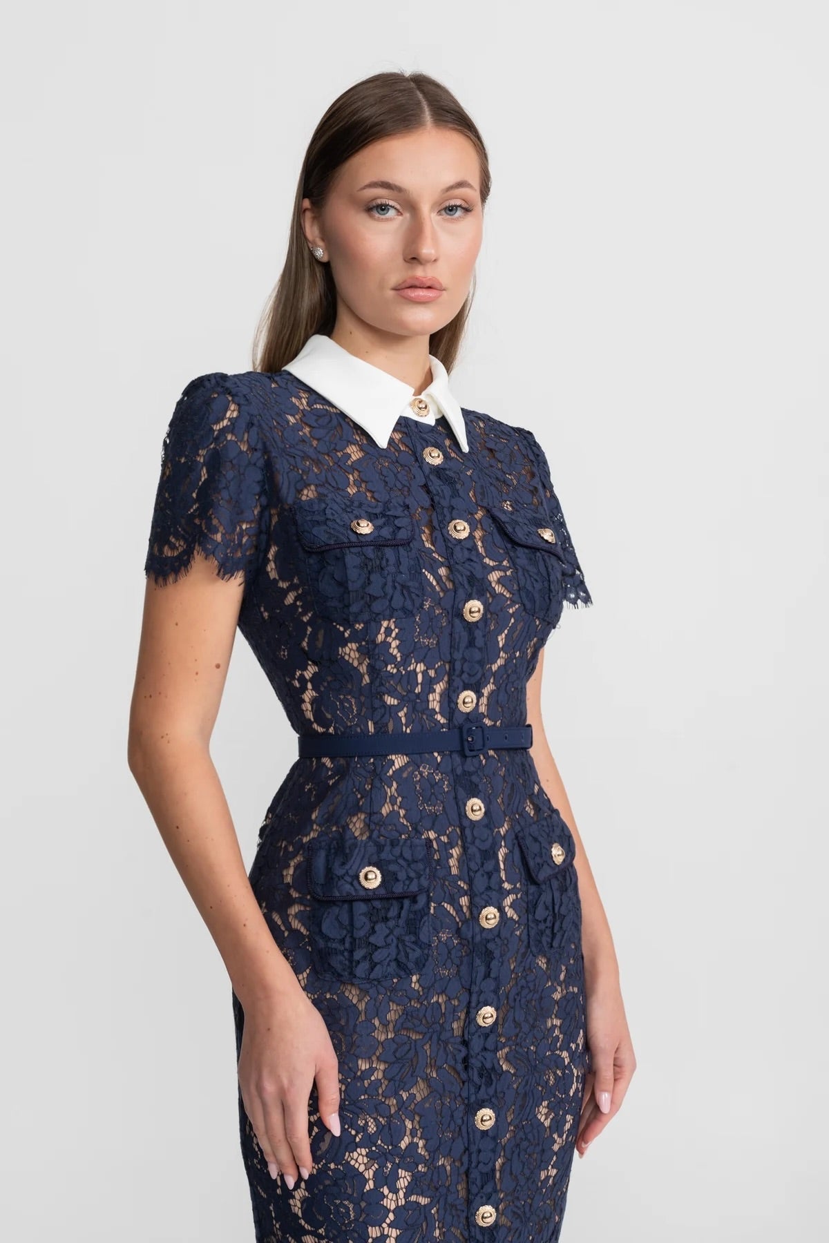 Darivène — Floral Lace Belted Midi Dress in Navy