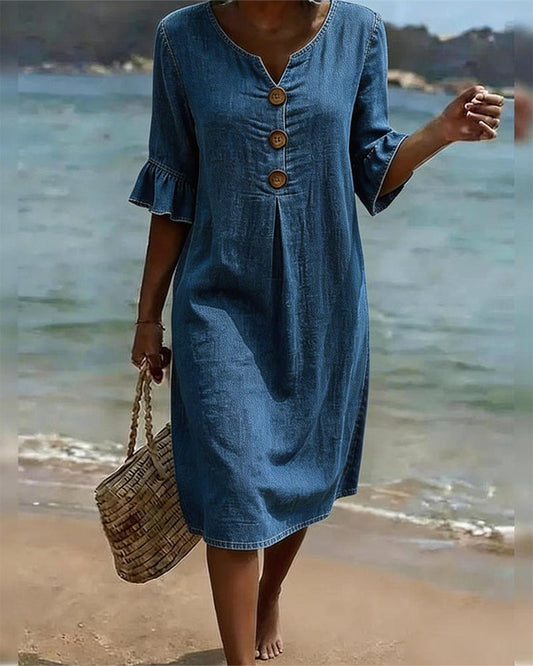 Maison Pasqualle | Ruched-Sleeve Denim Dress