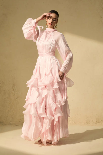 Estella - Puff Sleeve Ruffle Trim White Maxi Dress