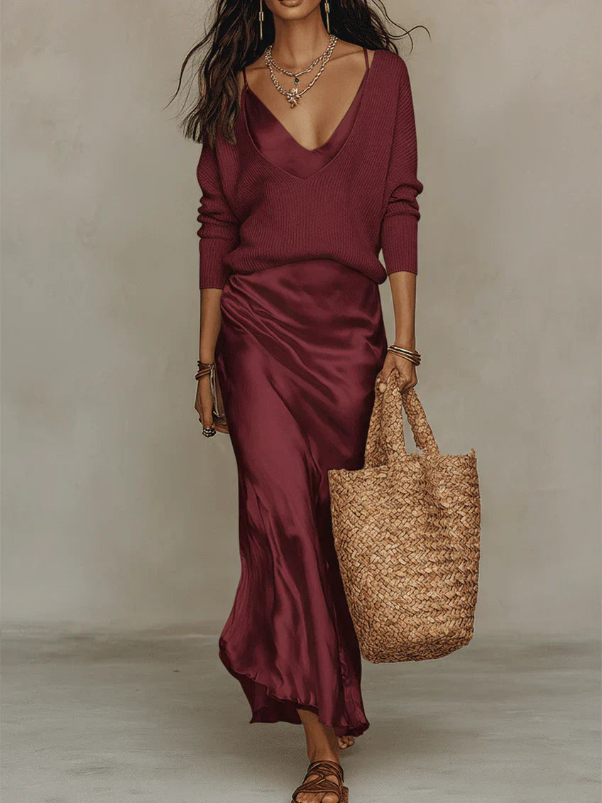 Elena — Satin Midi Dress in Liquid Elegance