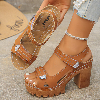 Elevé — Platform Chunky Heel Leather Sandals