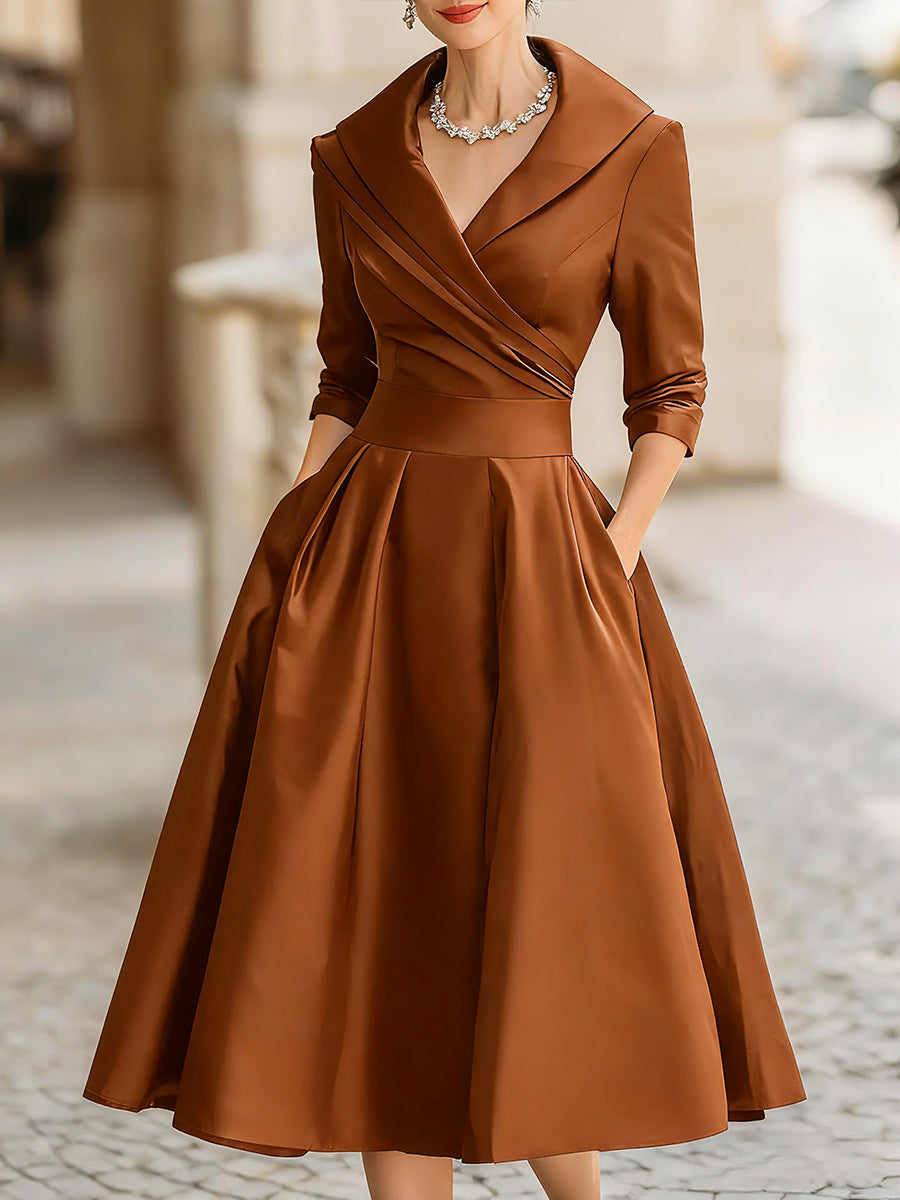 Auréve — Satin Draped-Collar A-Line Midi Dress