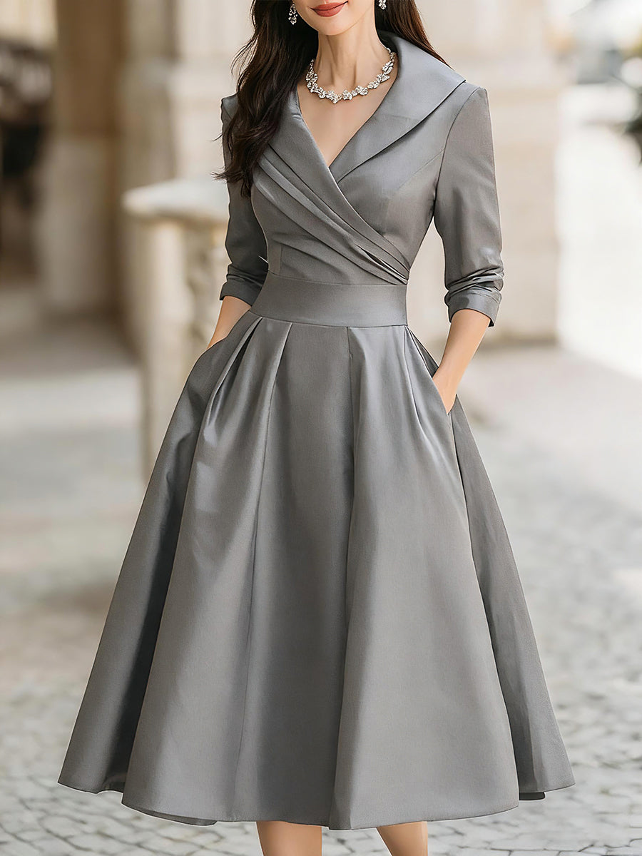 Auréve — Satin Draped-Collar A-Line Midi Dress