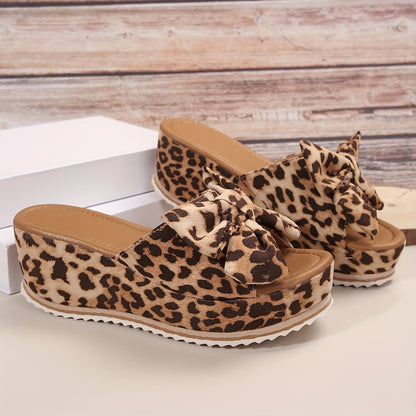 Solaine — Leopard-Print Bow Wedge Platform Sandals