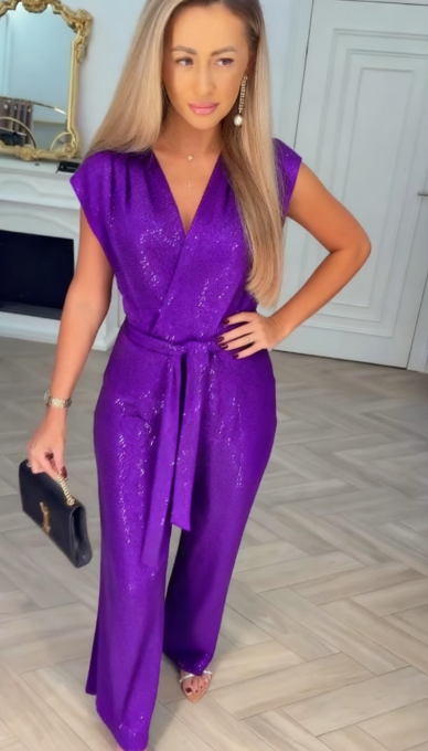 One-color Jumpsuit with Sequins and Tie - Elegant