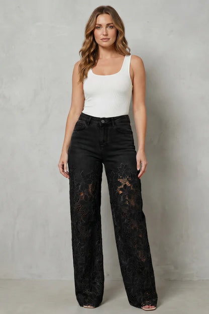 Dentelle — Lace Patchwork Stretch Denim Jeans