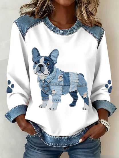 Women's Denim Sweatshirt - Stylish Dog Print and Patchwork