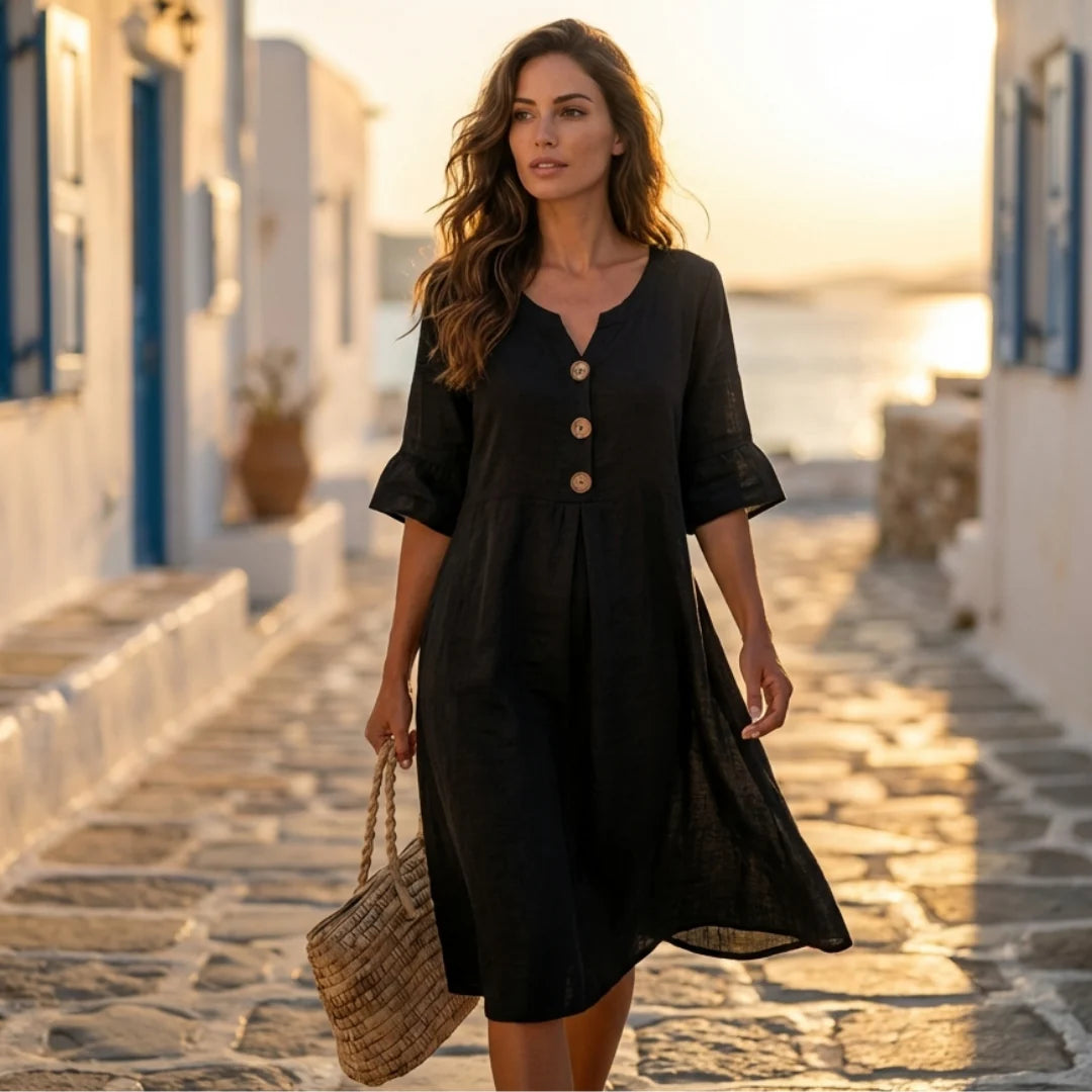 Marisol — Linen Cotton Ruffle-Sleeve Button Dress