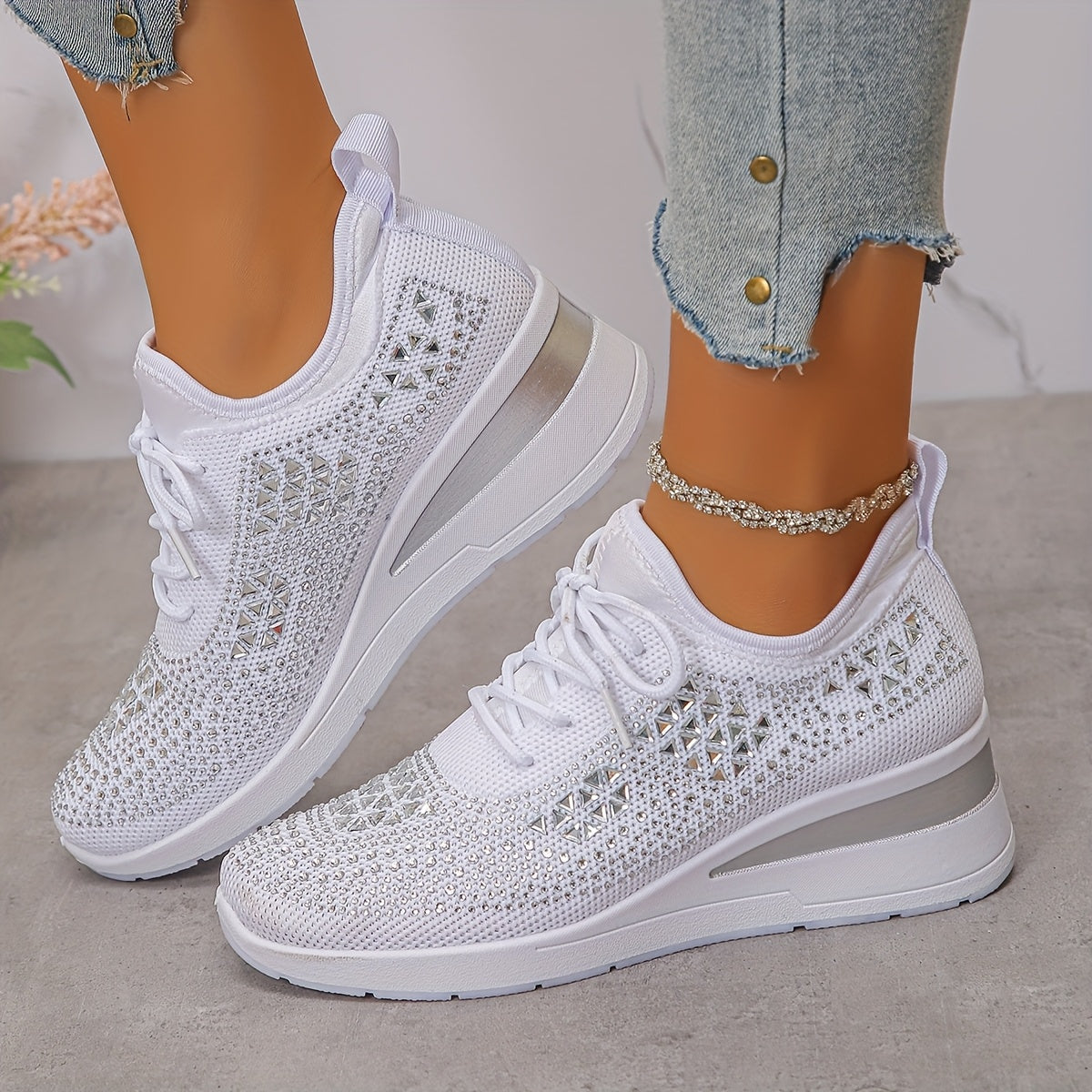 Women's casual, fashionable, breathable, sneakers adorned with crystals