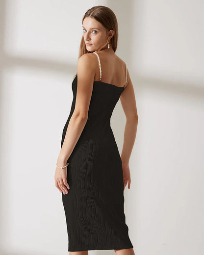 Mireille - Ripple Texture Pearl Strap Midi Dress