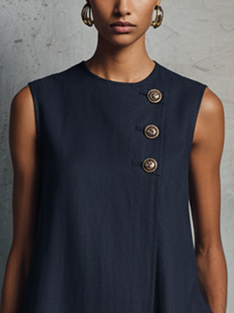 Alba — Linen Mini Dress with Gold Button Placket