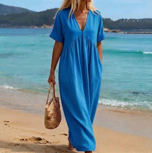 Viviana — V-Neck Linen-Cotton Maxi Dress