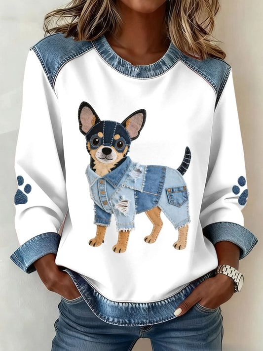 Women's Denim Sweatshirt - Stylish Dog Print and Patchwork