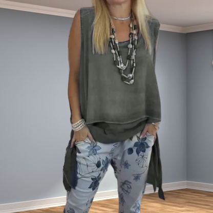 Two-Piece Set for Women: Sleeveless Top with Asymmetrical Hem and Patterned Pants