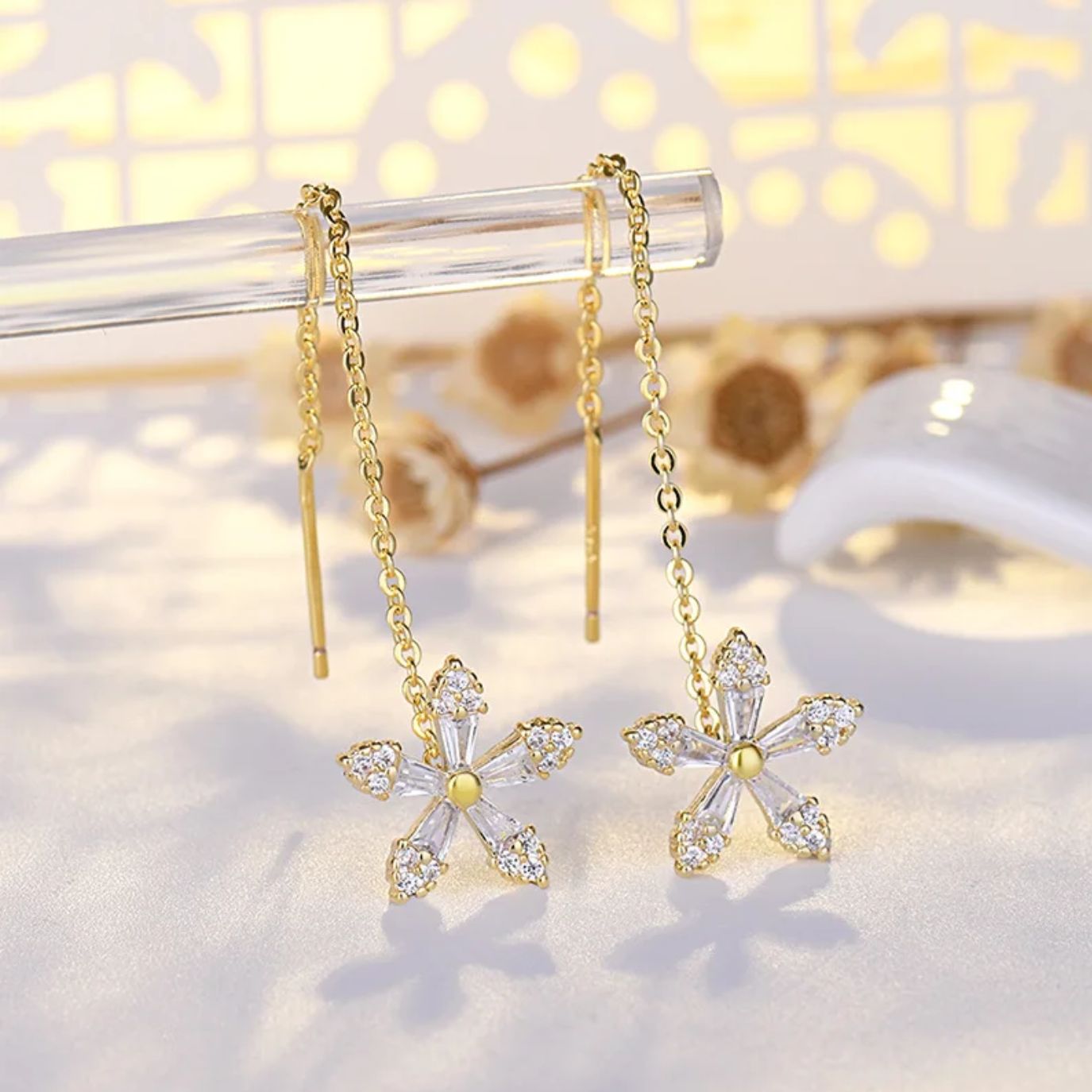 Floral Threader Diamond Earrings — Delicate Drop Design