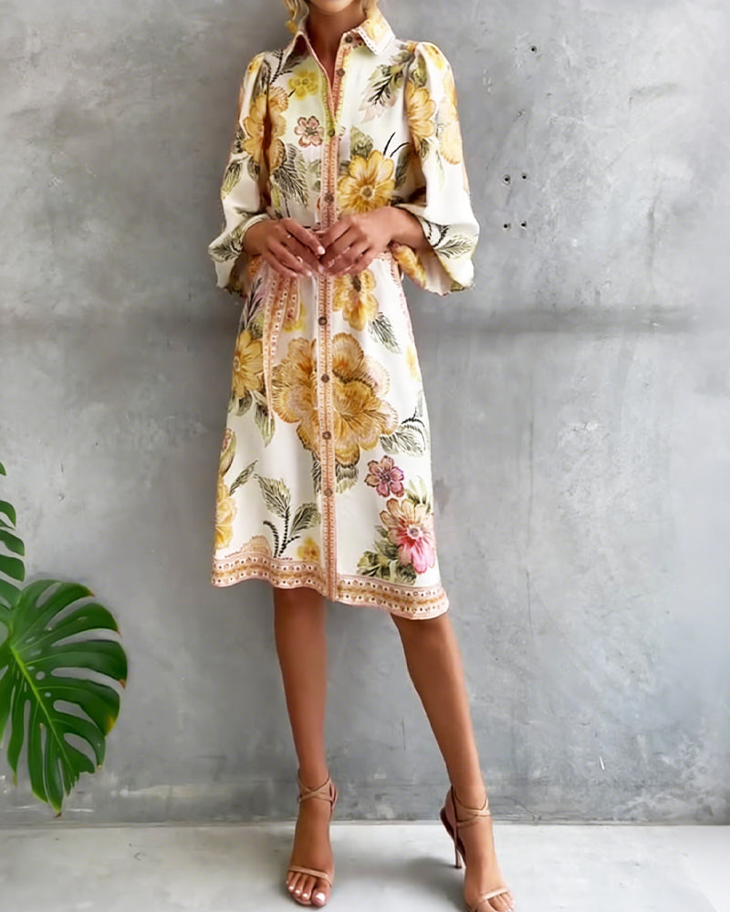 Fleurette — Printed Lantern-Sleeve Split-Collar Dress