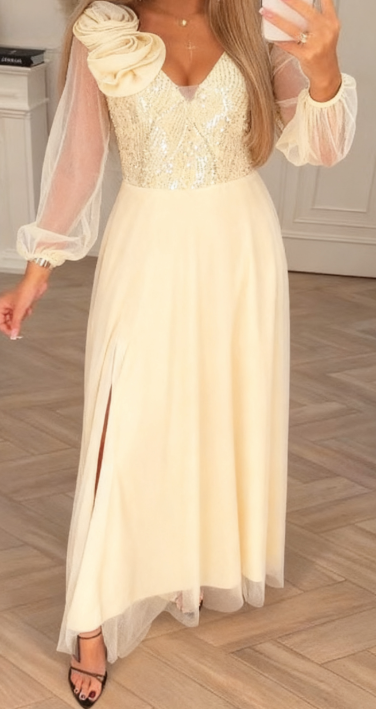 Elegant Lace Sleeve Dress with Sequins and Floral Embellishments