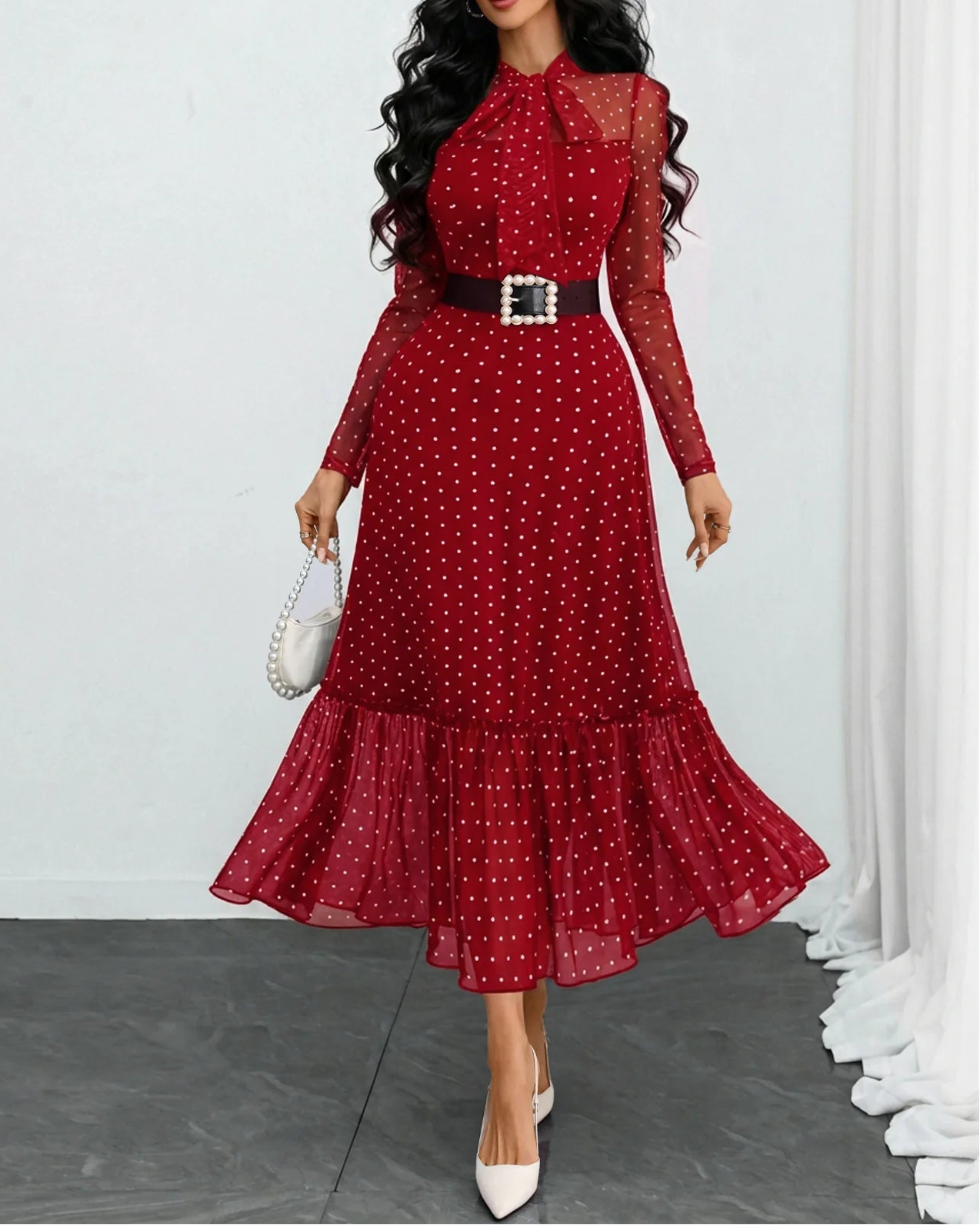 Verlanne — Polka Dot Tie-Neck Midi Dress