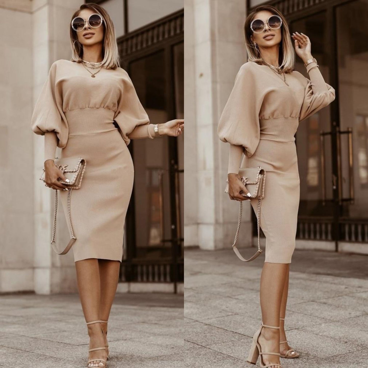 Vellamora — Long-Sleeve Marked-Waist Casual Dress