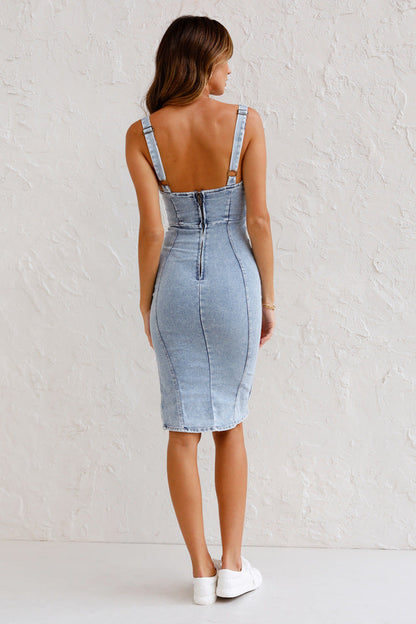 VARENA - Effortlessly Refined Slit Denim Bodycon Cami Dress
