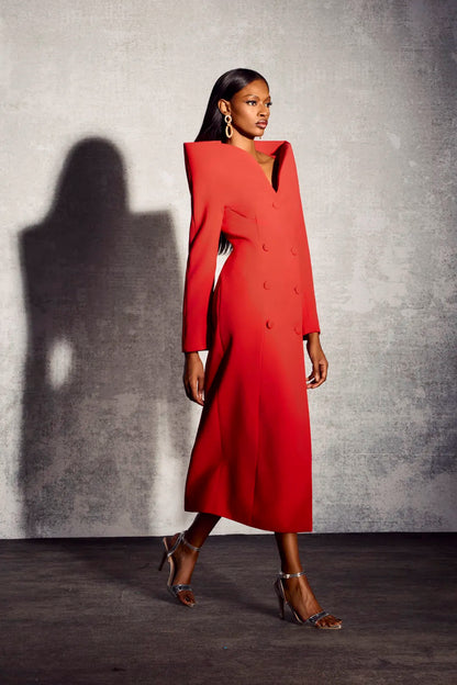 Audrey - Double-Breasted Sculpted Collar Midi Blazer Dress